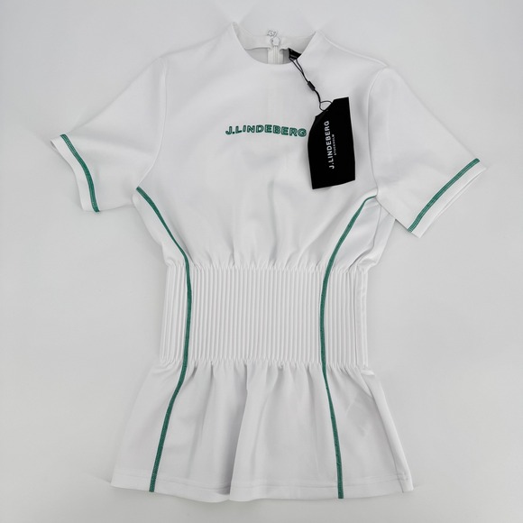 J Lindeberg Kim Top Womens XS White Green Trim Short Sleeve SS23 - Picture 1 of 5